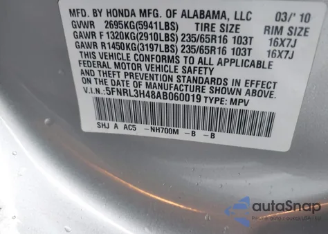 2010 Honda Odyssey Ex from USA, damaged, VIN 5FNRL3H48AB060019